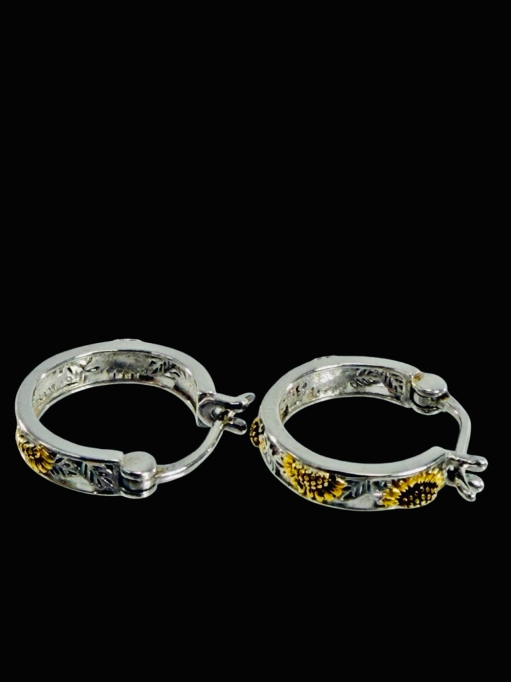 Poplyke Sterling Silver 925 Sunflower Hoop Earrings Floral Hinge Back Snap Close - Picture 6 of 10